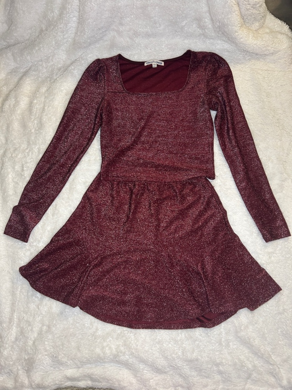 Wallflower Burgundy Sparkle Long-Sleeve Dress Set